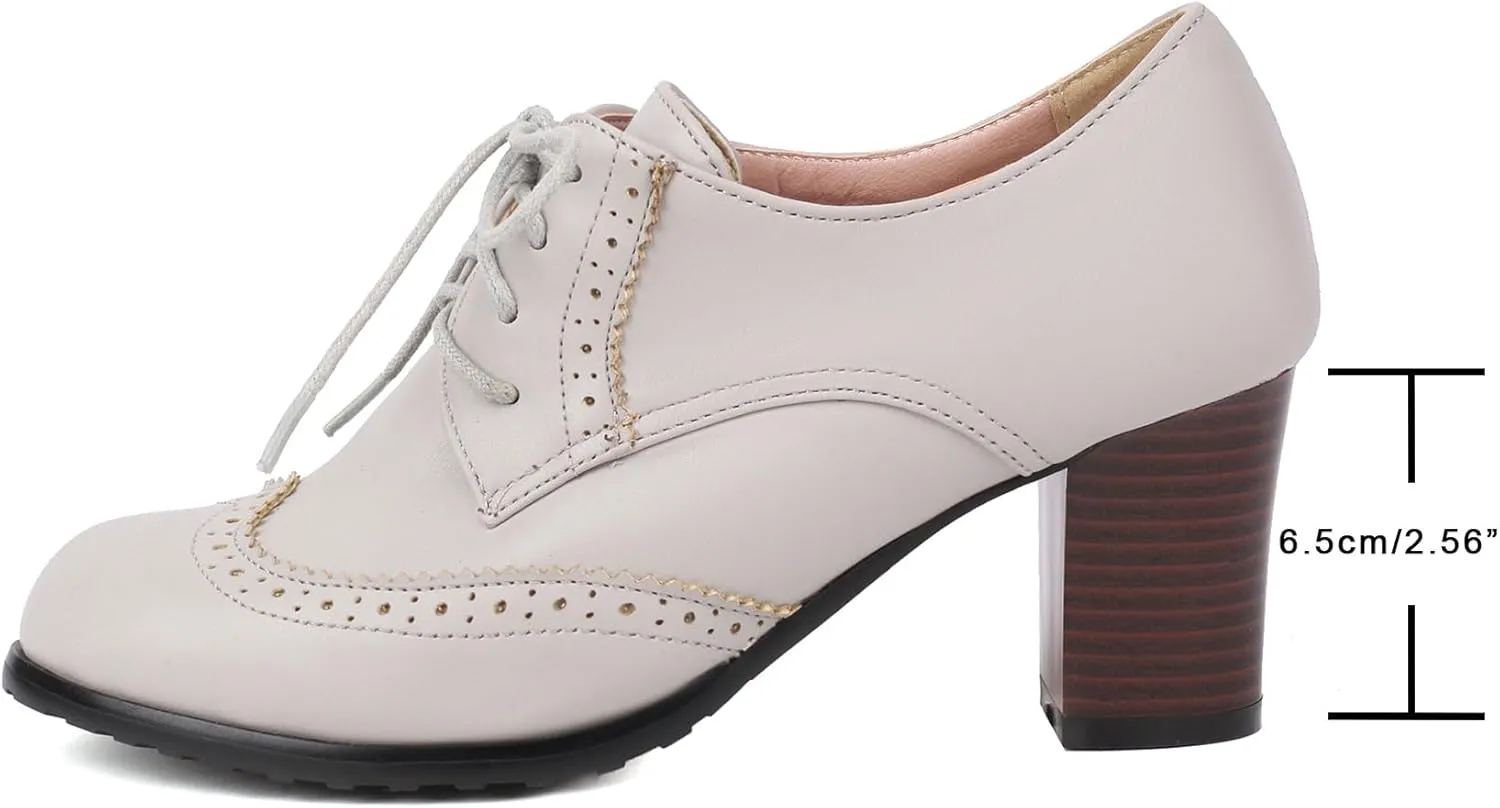 Womens Chunky High Heel Pumps Lace Up Oxfords Brogues Shoes