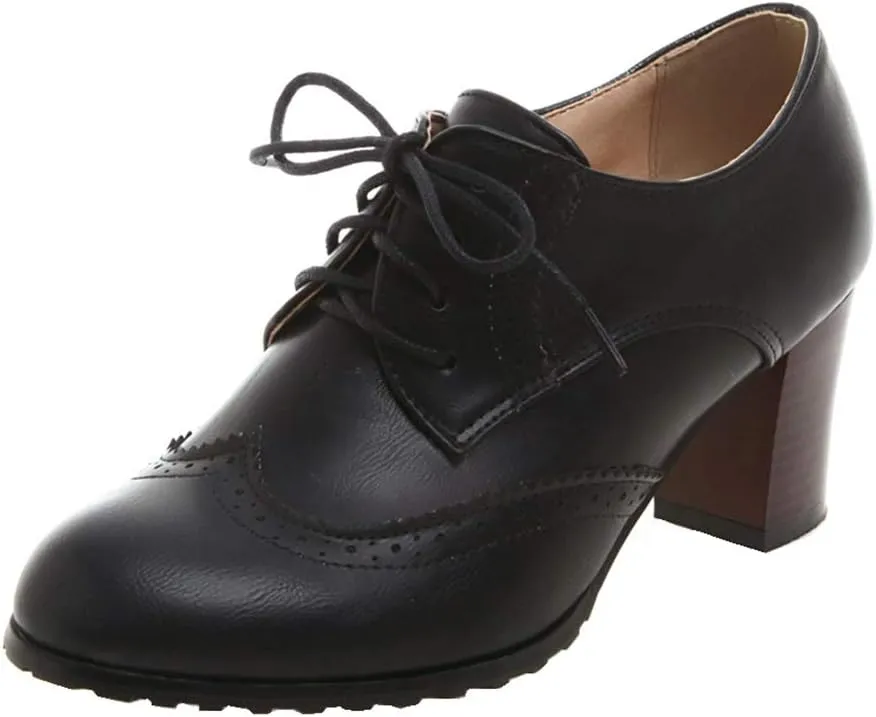 Womens Chunky High Heel Pumps Lace Up Oxfords Brogues Shoes