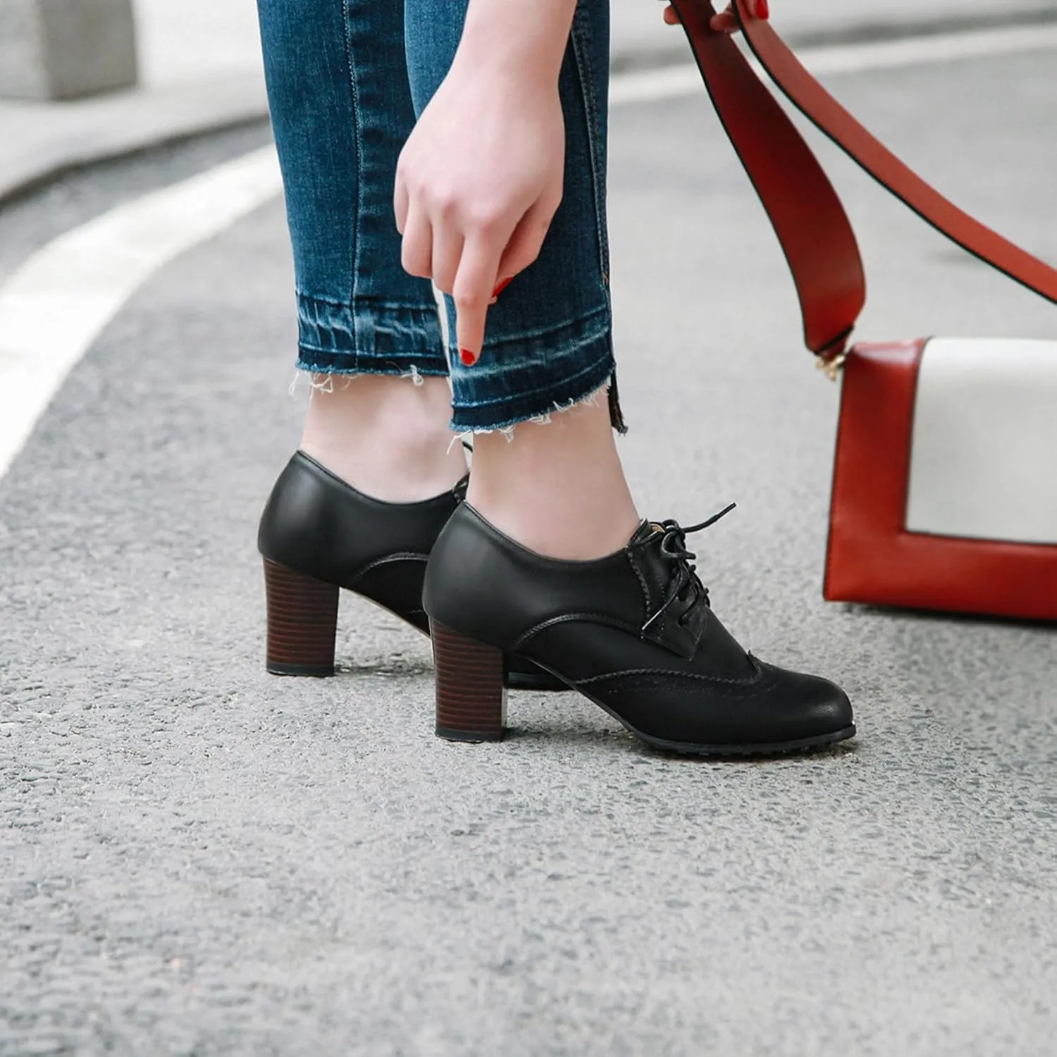 Womens Chunky High Heel Pumps Lace Up Oxfords Brogues Shoes