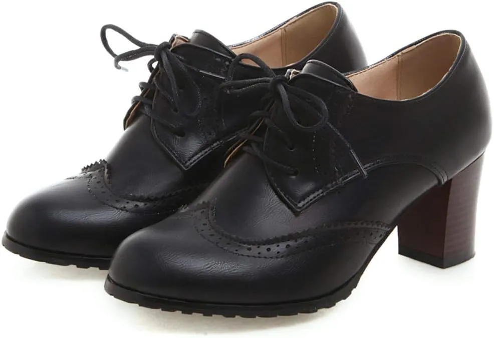 Womens Chunky High Heel Pumps Lace Up Oxfords Brogues Shoes