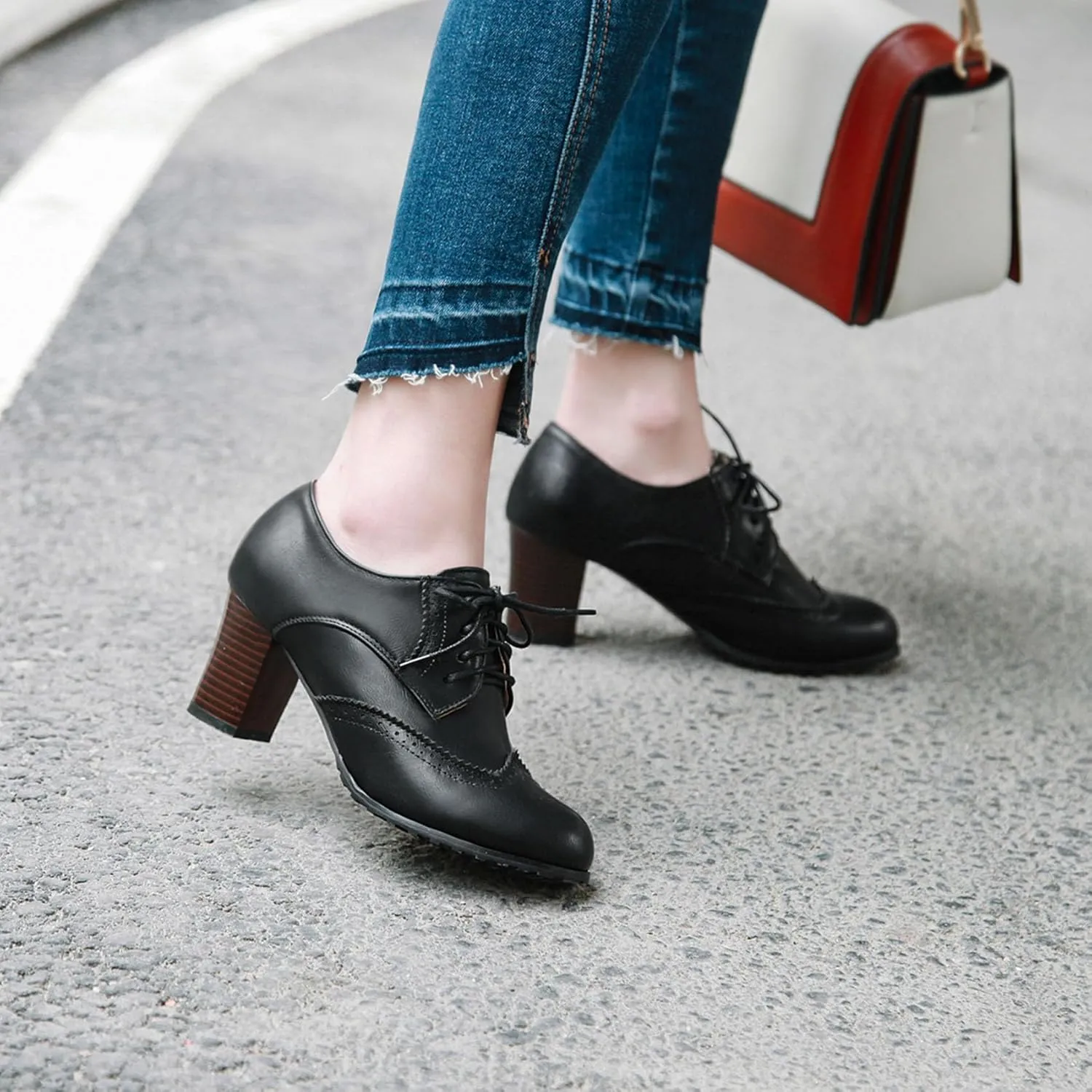 Womens Chunky High Heel Pumps Lace Up Oxfords Brogues Shoes