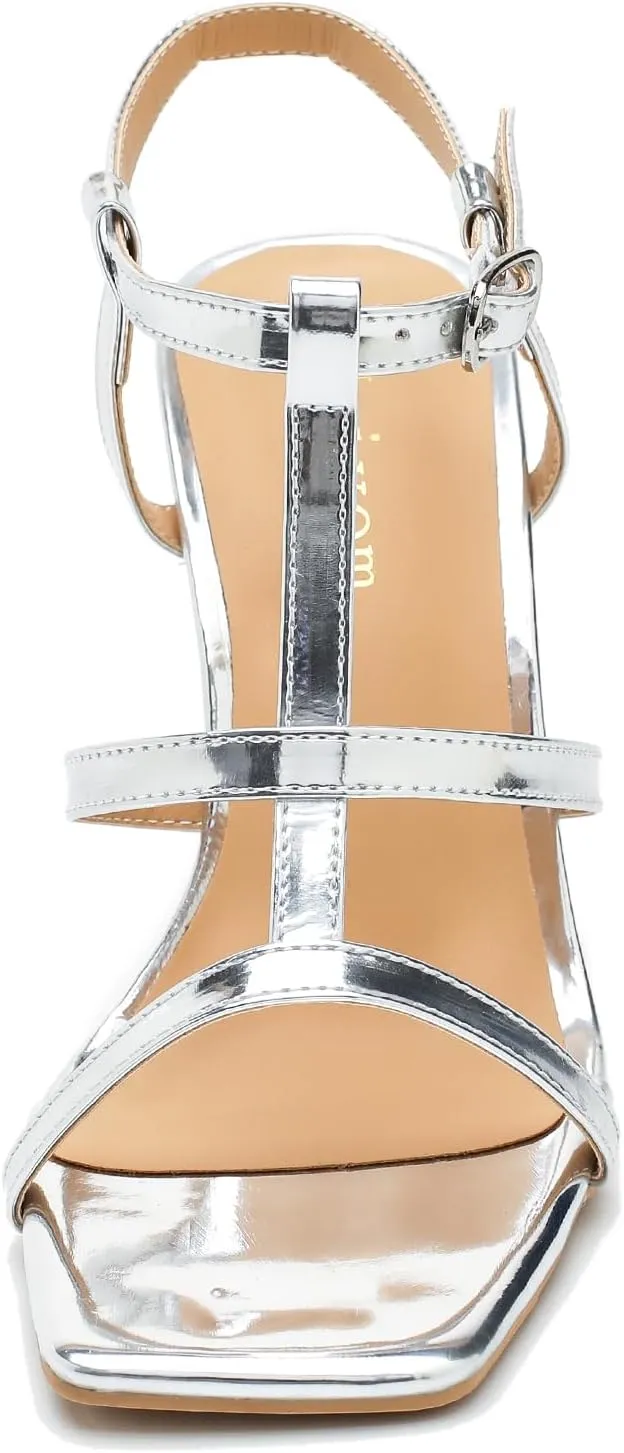 Women's Clear High Heeled Sandals Sexy Kitten Heels Square Toe Ankle Strap Wedding Dress Party Shoes
