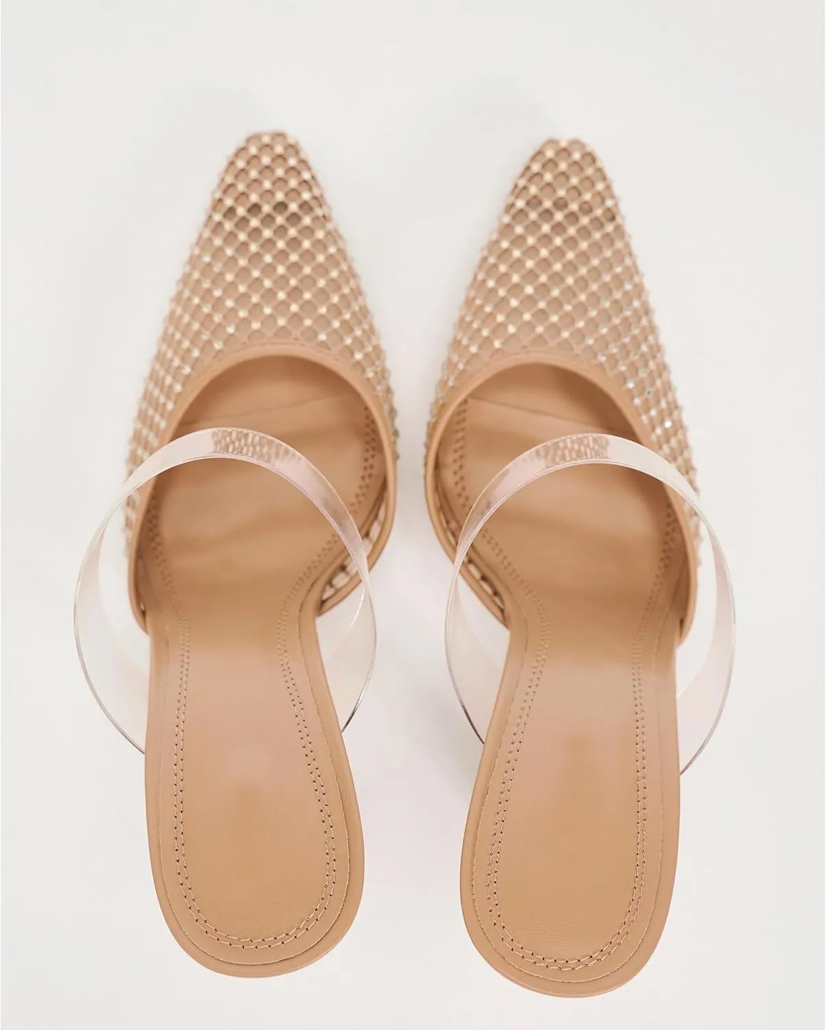 Womens Crystals Mesh Heeled Mules Pointed Toe Clear PVC Strap High Heel Slide Sandals Rhinestone-Embellished Fishnet Mule Shoes