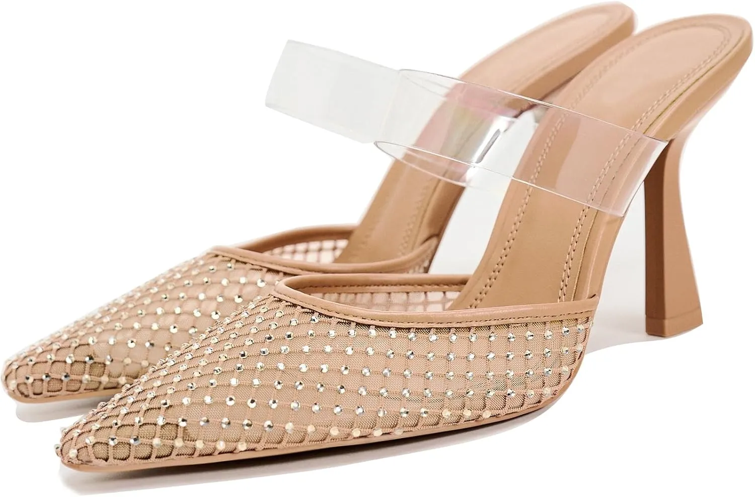 Womens Crystals Mesh Heeled Mules Pointed Toe Clear PVC Strap High Heel Slide Sandals Rhinestone-Embellished Fishnet Mule Shoes
