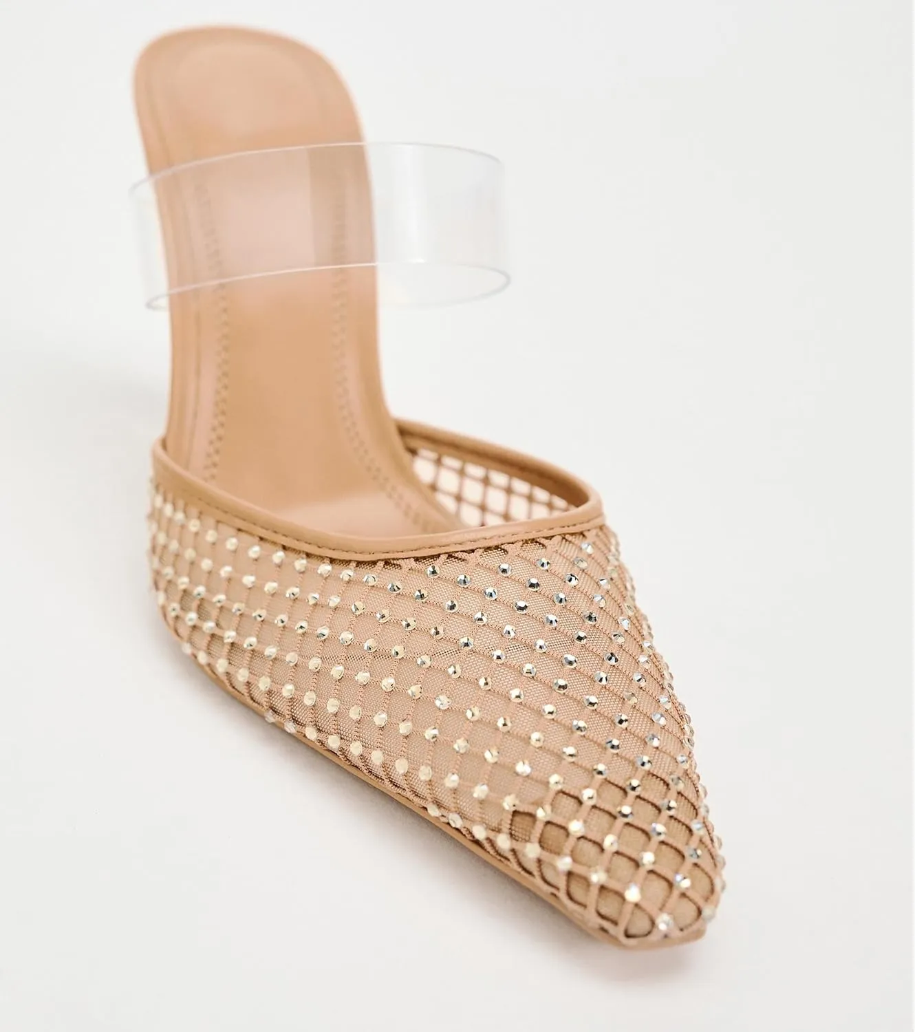 Womens Crystals Mesh Heeled Mules Pointed Toe Clear PVC Strap High Heel Slide Sandals Rhinestone-Embellished Fishnet Mule Shoes