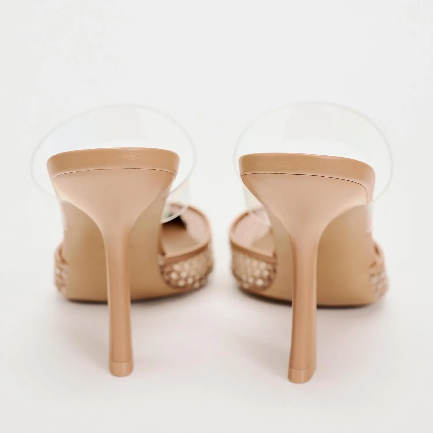 Womens Crystals Mesh Heeled Mules Pointed Toe Clear PVC Strap High Heel Slide Sandals Rhinestone-Embellished Fishnet Mule Shoes