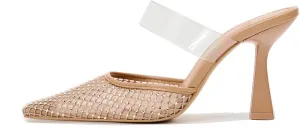 Womens Crystals Mesh Heeled Mules Pointed Toe Clear PVC Strap High Heel Slide Sandals Rhinestone-Embellished Fishnet Mule Shoes