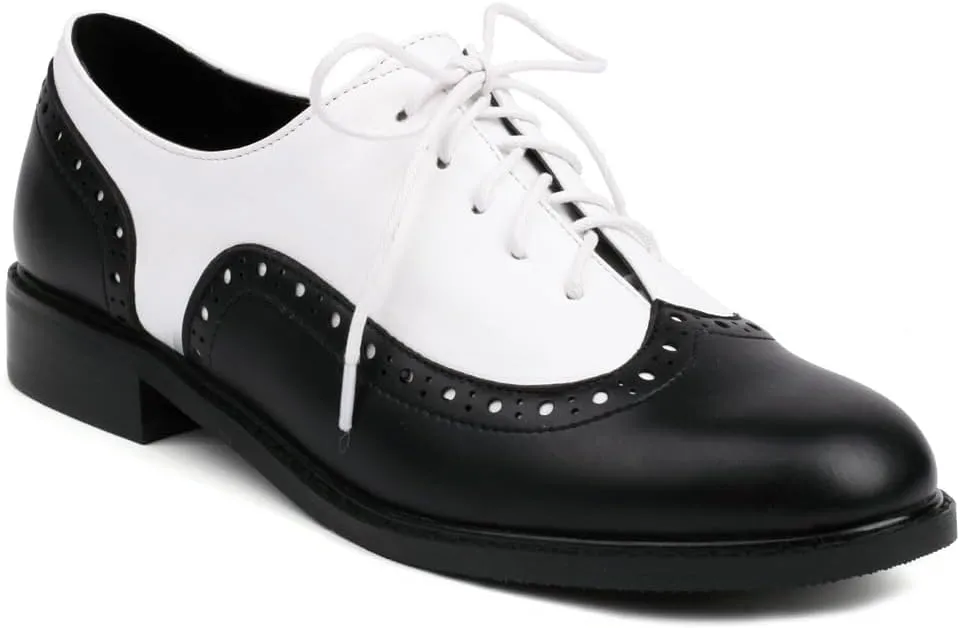 Women's Flat Saddle Oxford Shoes Two Toned Wingtip Perforated Lace Up School Uniform Oxfords Brogues