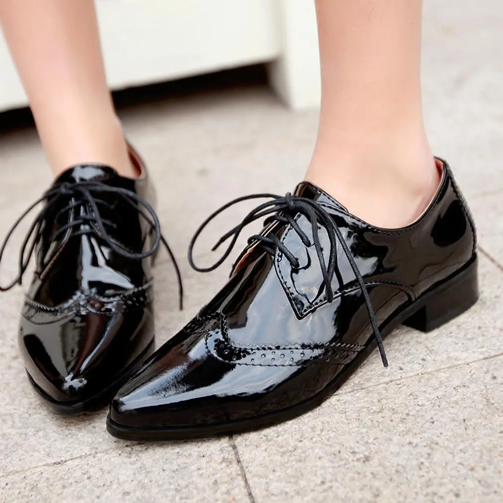 Women's Flats Wingtip Lace Up Oxfords Pointed Toe Low Heel Patent Leather Pumps Brogue Dress Shoes