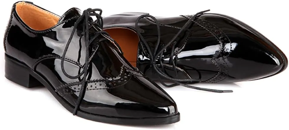 Women's Flats Wingtip Lace Up Oxfords Pointed Toe Low Heel Patent Leather Pumps Brogue Dress Shoes