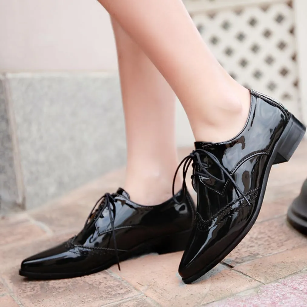 Women's Flats Wingtip Lace Up Oxfords Pointed Toe Low Heel Patent Leather Pumps Brogue Dress Shoes
