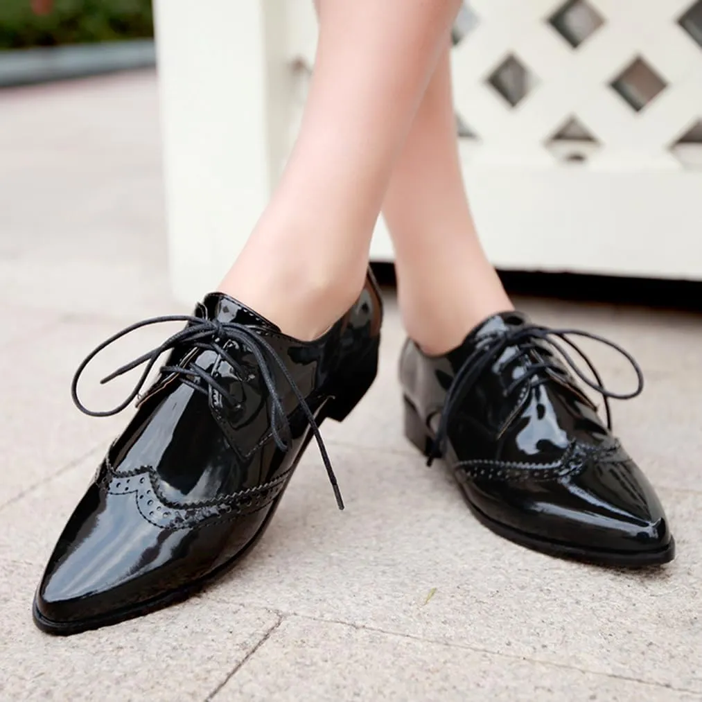 Women's Flats Wingtip Lace Up Oxfords Pointed Toe Low Heel Patent Leather Pumps Brogue Dress Shoes