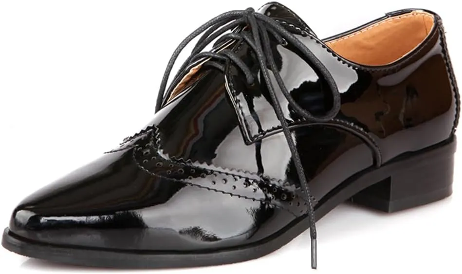 Women's Flats Wingtip Lace Up Oxfords Pointed Toe Low Heel Patent Leather Pumps Brogue Dress Shoes