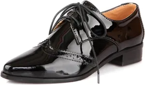Women's Flats Wingtip Lace Up Oxfords Pointed Toe Low Heel Patent Leather Pumps Brogue Dress Shoes