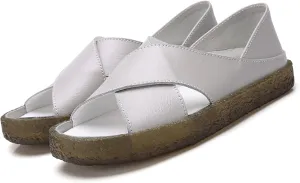 Women’s Genuine Leather Beef Tendon Flat Open Toe Sandals,Summer Casual Comfort Memory Insole Slip-on with Arch Support Soft Flats Walking Sandal Loafer