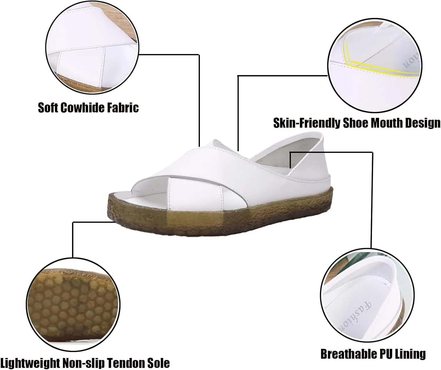 Women’s Genuine Leather Beef Tendon Flat Open Toe Sandals,Summer Casual Comfort Memory Insole Slip-on with Arch Support Soft Flats Walking Sandal Loafer