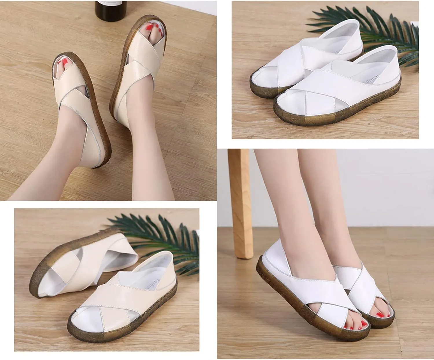 Women’s Genuine Leather Beef Tendon Flat Open Toe Sandals,Summer Casual Comfort Memory Insole Slip-on with Arch Support Soft Flats Walking Sandal Loafer