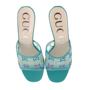 Women's Heeled Mule Sandals Crystal GG Embellished Mesh