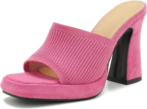 Women's Knit Platform Heels Square Toe High Chunky Heeled Mule Dress Party Sandals