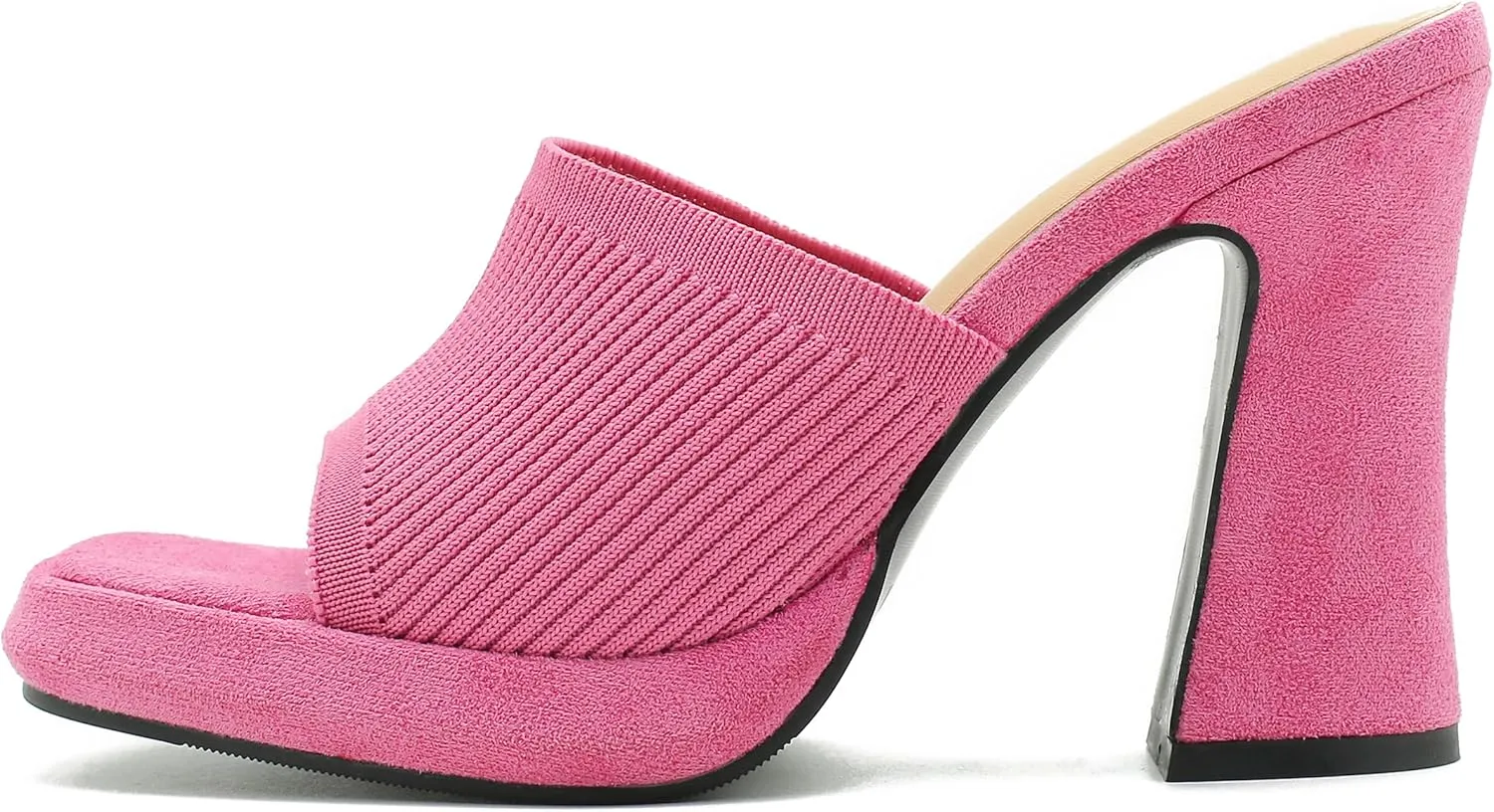 Women's Knit Platform Heels Square Toe High Chunky Heeled Mule Dress Party Sandals