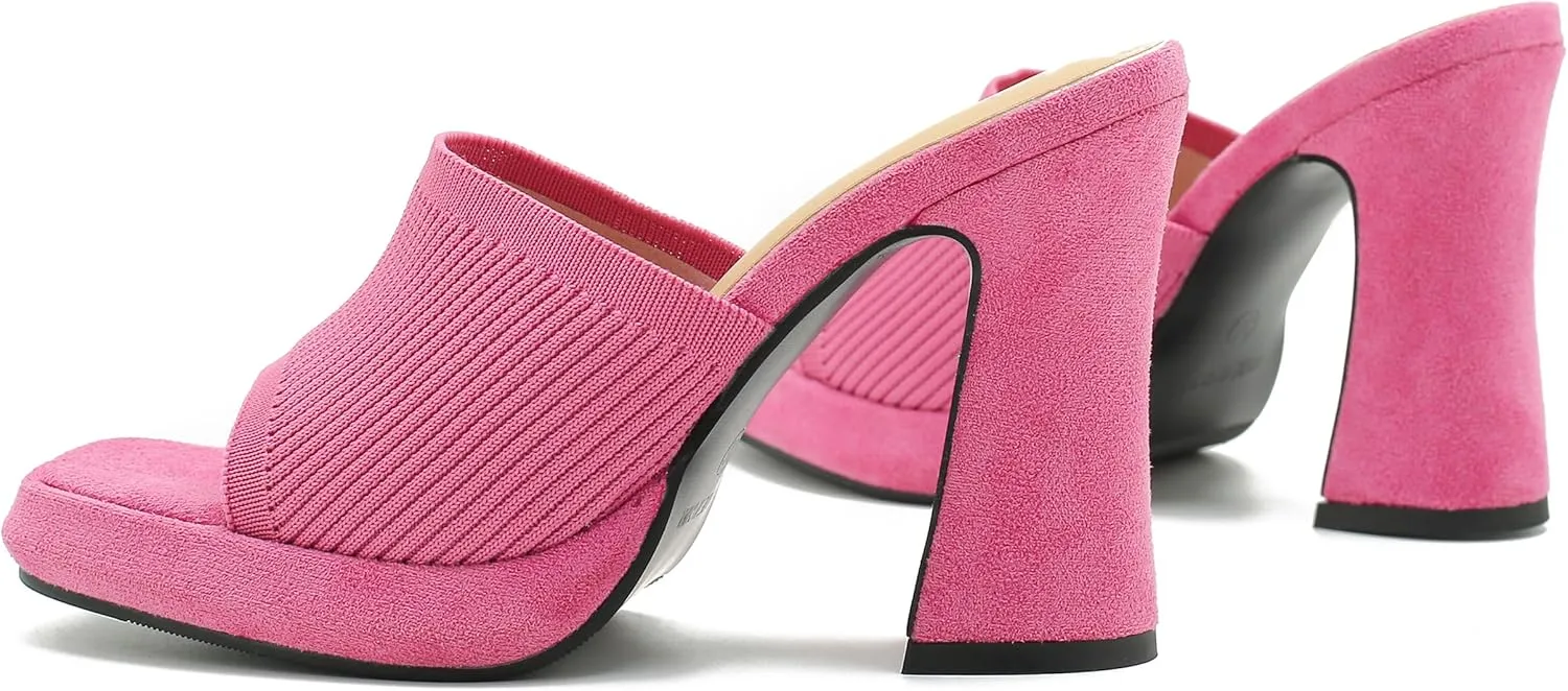 Women's Knit Platform Heels Square Toe High Chunky Heeled Mule Dress Party Sandals