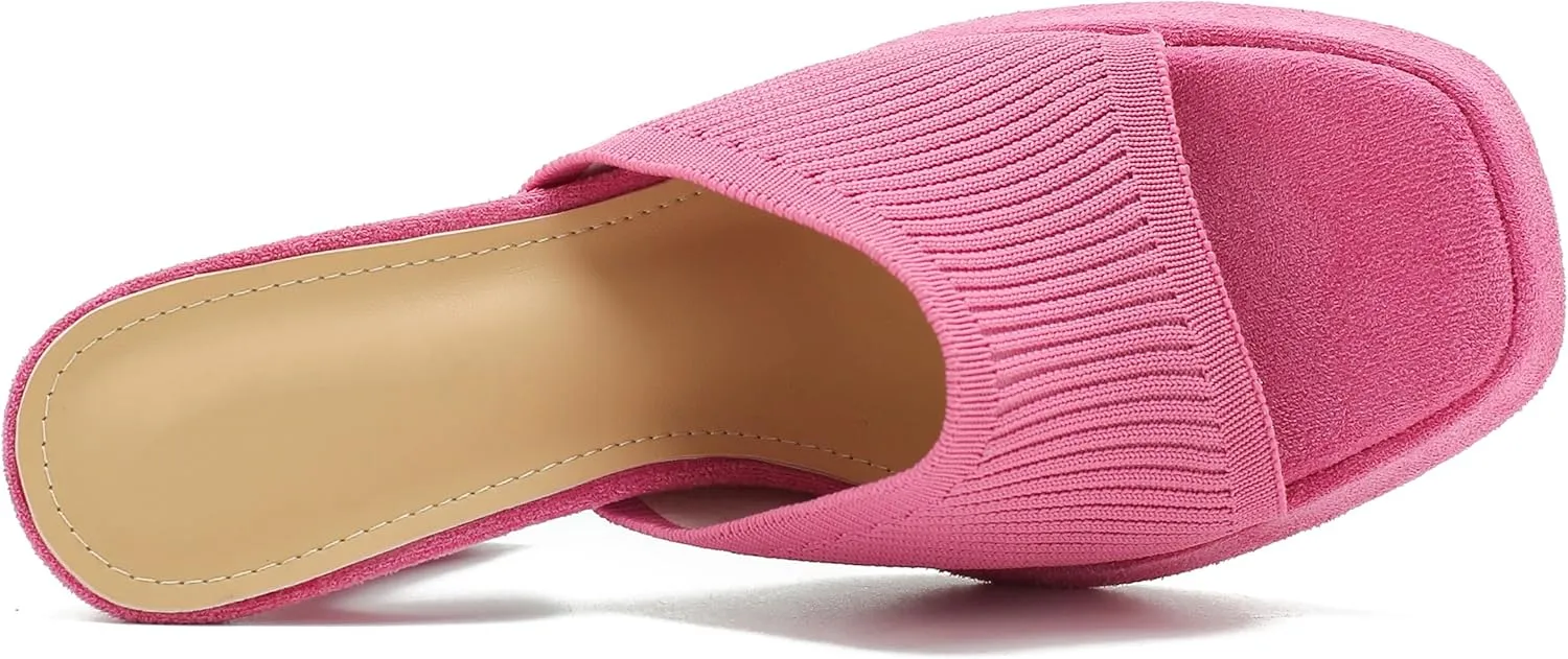 Women's Knit Platform Heels Square Toe High Chunky Heeled Mule Dress Party Sandals