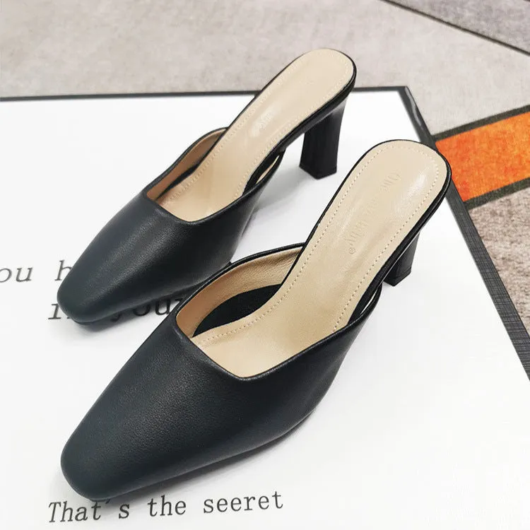 Women's Leather Square Toe High Heeled Mule Shoes