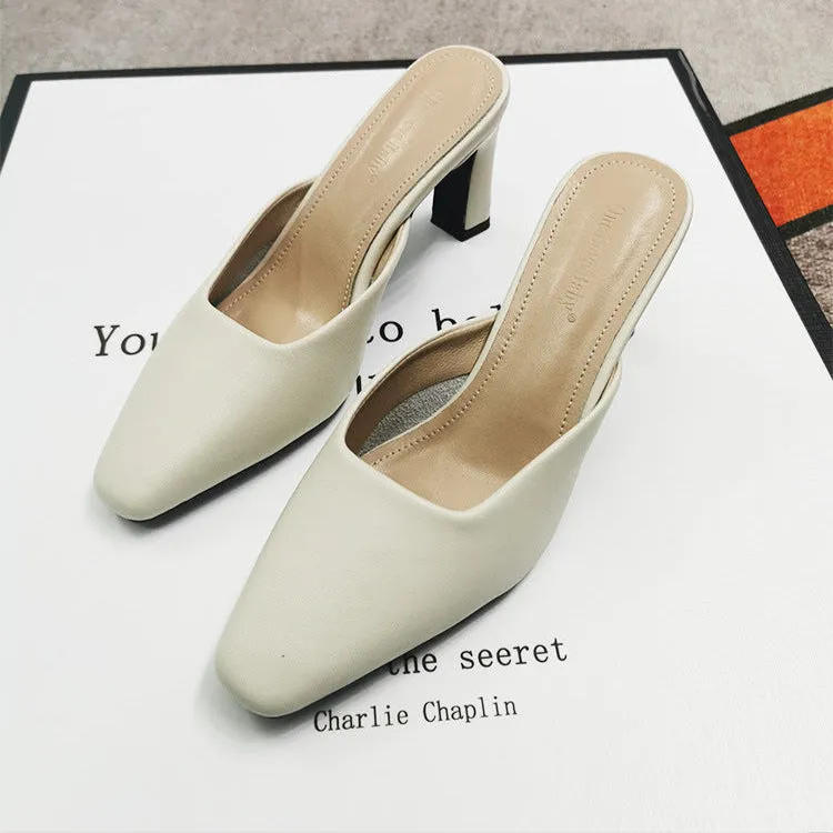 Women's Leather Square Toe High Heeled Mule Shoes