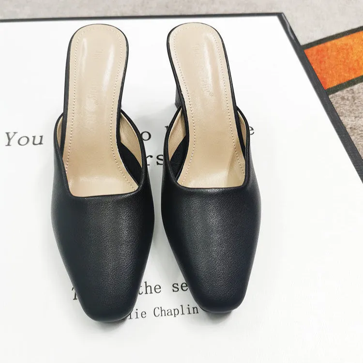 Women's Leather Square Toe High Heeled Mule Shoes