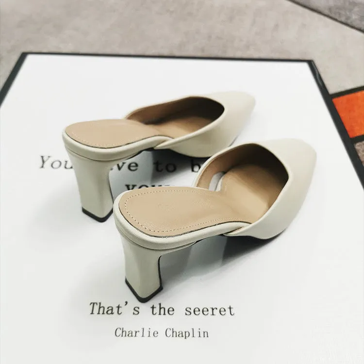 Women's Leather Square Toe High Heeled Mule Shoes