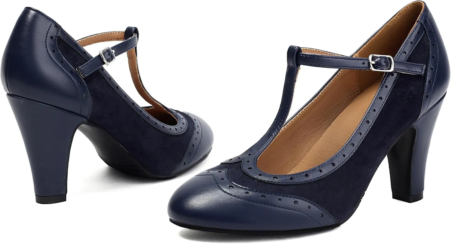 Women's Mary Jane Wingtip Rockability Oxford Close Round Toe Vintage 1950s Heels T-Straps Retro 1920s Victorian Pumps Shoes