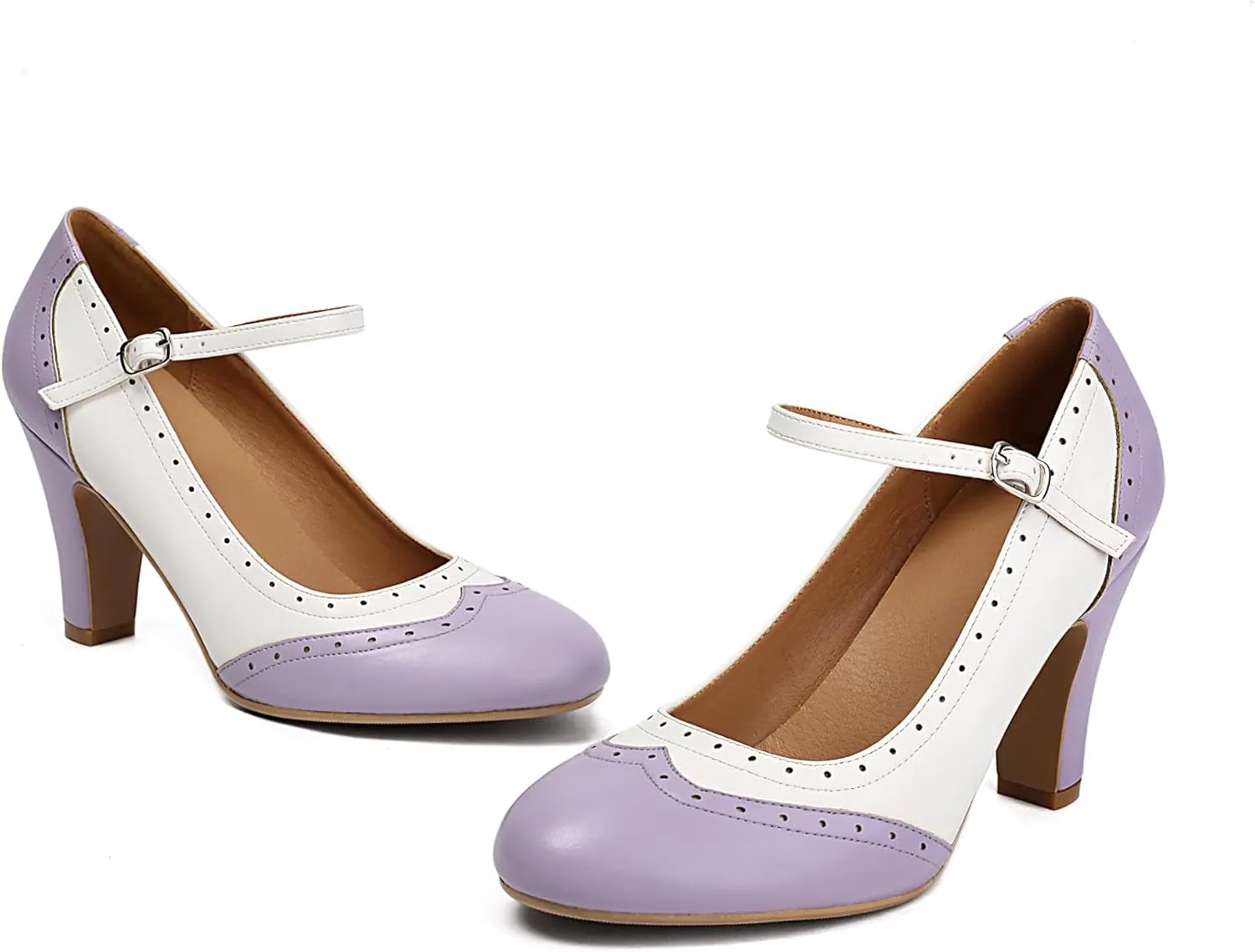 Women's Mary Jane Wingtip Rockability Oxford Two Tones Close Round Toe Vintage 1950s Heels Ankle Straps Retro 1920s Victorian Pumps Shoes