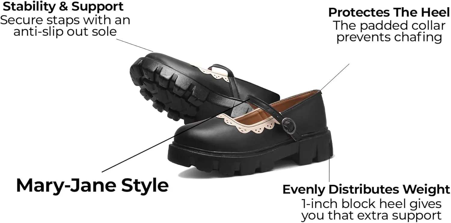 Women's Mary Janes Platform Dress Shoes – Low Heel Chunky Pumps with Round Toe, Ankle Strap, and Classic Oxford Design