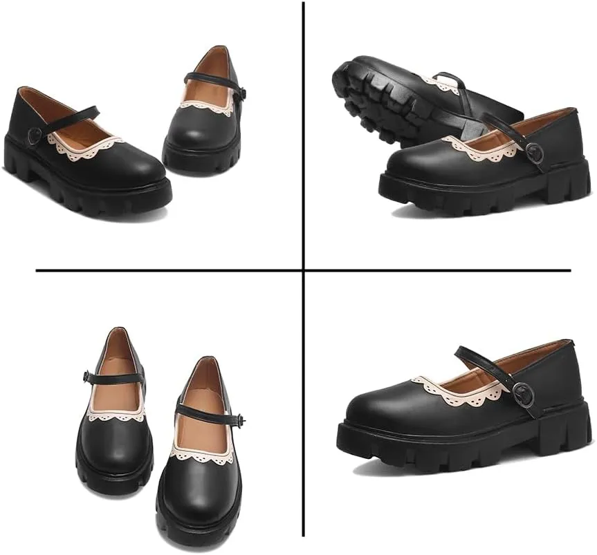Women's Mary Janes Platform Dress Shoes – Low Heel Chunky Pumps with Round Toe, Ankle Strap, and Classic Oxford Design