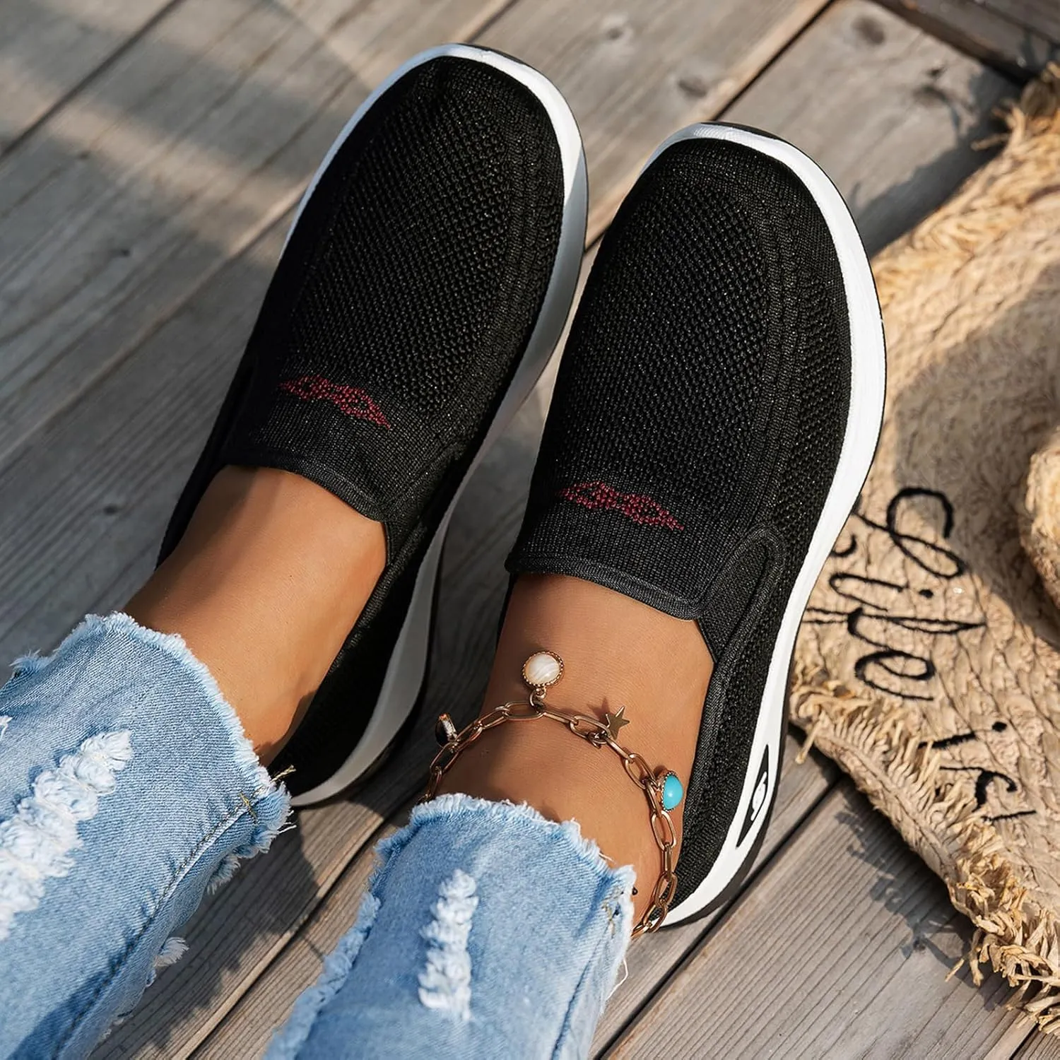 Women's Orthopedic Breathable Shoes Summer Comfortable Woven Slip-On Sneakers Fashion Lightweight Mesh Hollow Out Soft Sole Walking Shoes with Arch Support