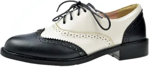 Womens Oxfords Black and White Wingtip Chunky Heeled Patent Leather Vintage Brogue Lace Up Two Tone Saddle Shoes