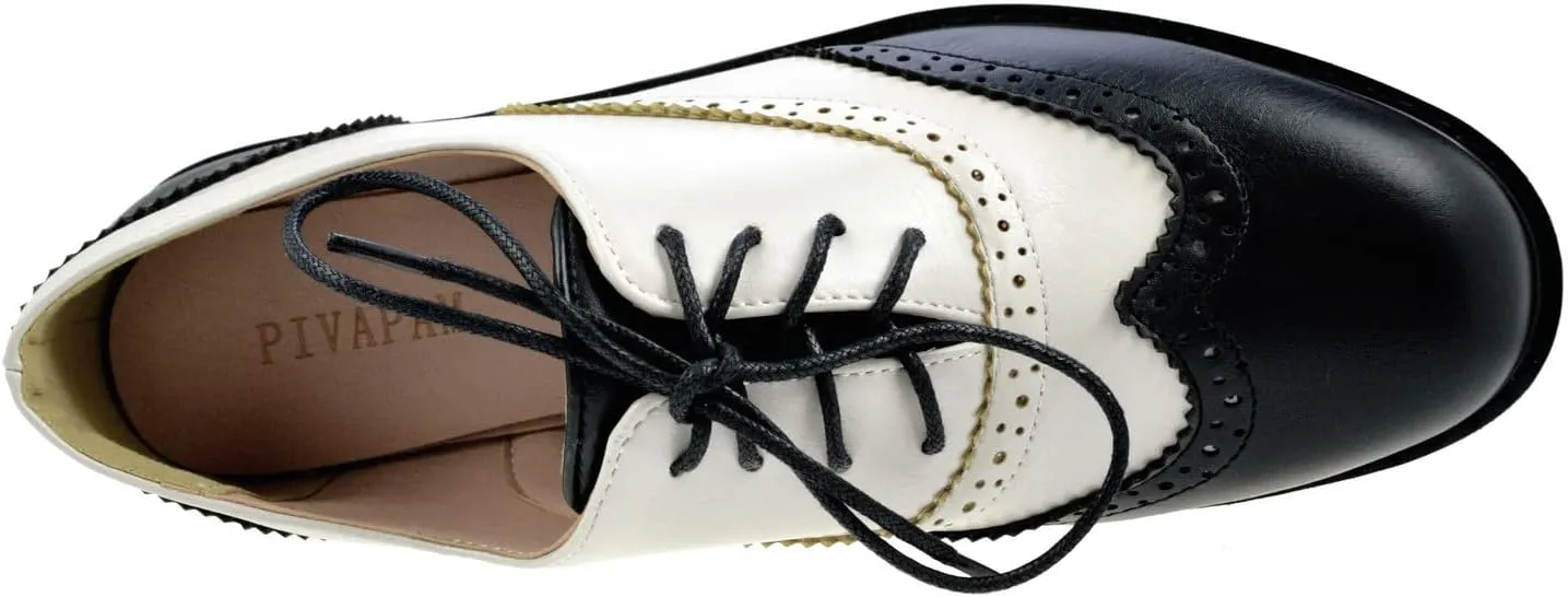 Womens Oxfords Black and White Wingtip Chunky Heeled Patent Leather Vintage Brogue Lace Up Two Tone Saddle Shoes