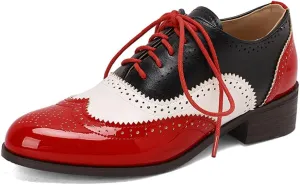 Women's Oxfords Lace Up Wingtip Vintage Flat Pumps Comfortable Low Heel Business Brogue Work Office Round Toe Dress Shoes