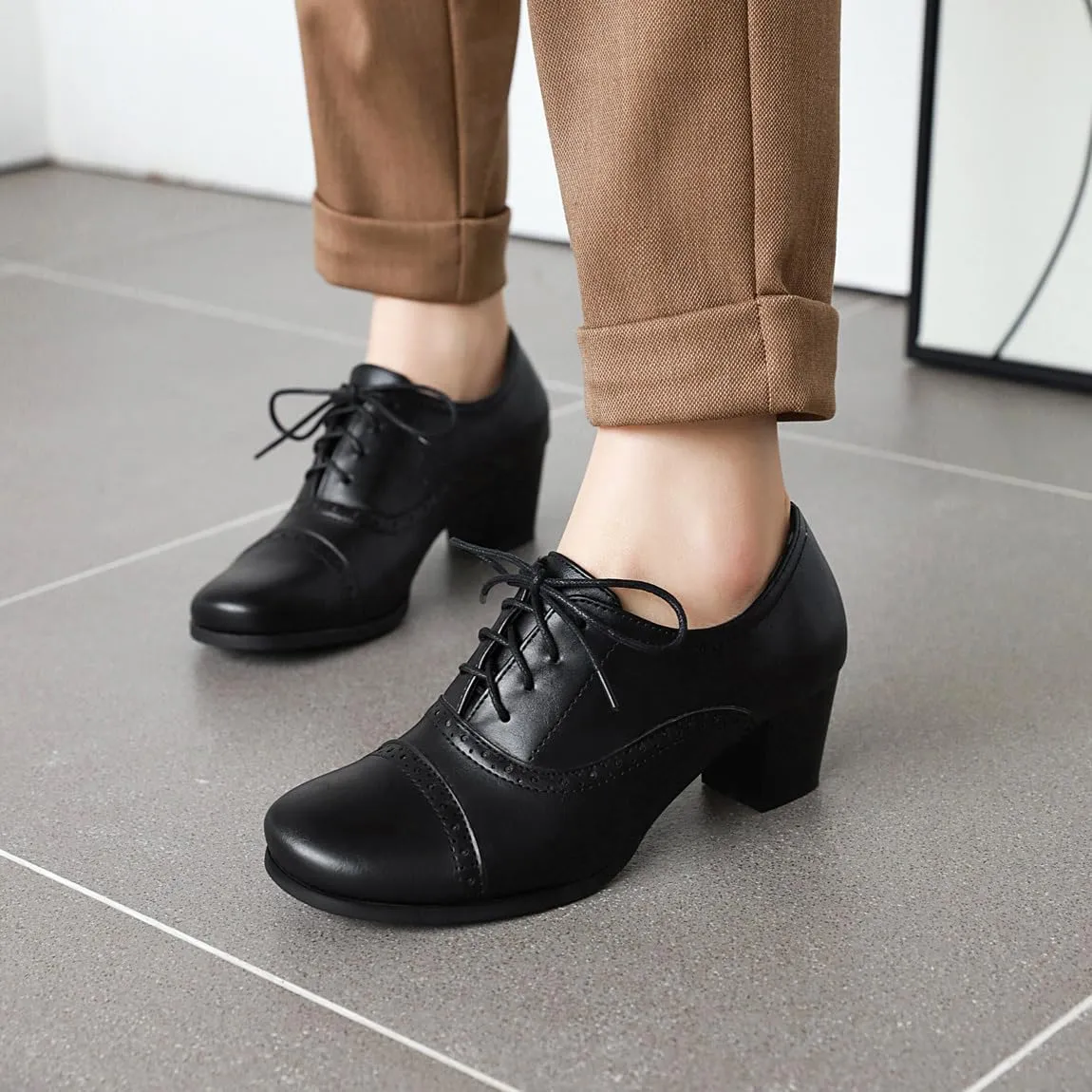 Women's Oxfords Wingtip Lace Up Chunky High Heels Pumps Square Closed Toe Vintage Brogue Dress Shoes