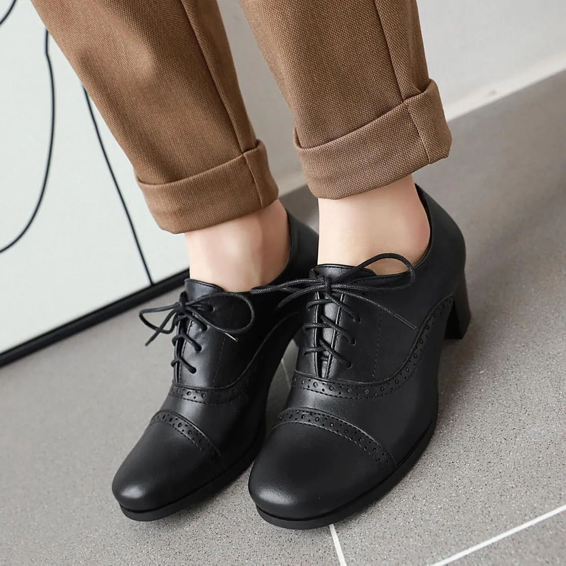Women's Oxfords Wingtip Lace Up Chunky High Heels Pumps Square Closed Toe Vintage Brogue Dress Shoes
