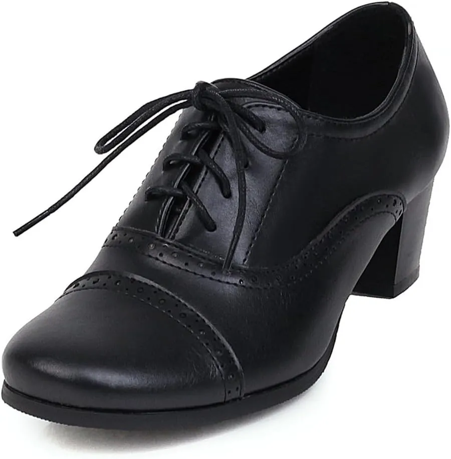 Women's Oxfords Wingtip Lace Up Chunky High Heels Pumps Square Closed Toe Vintage Brogue Dress Shoes