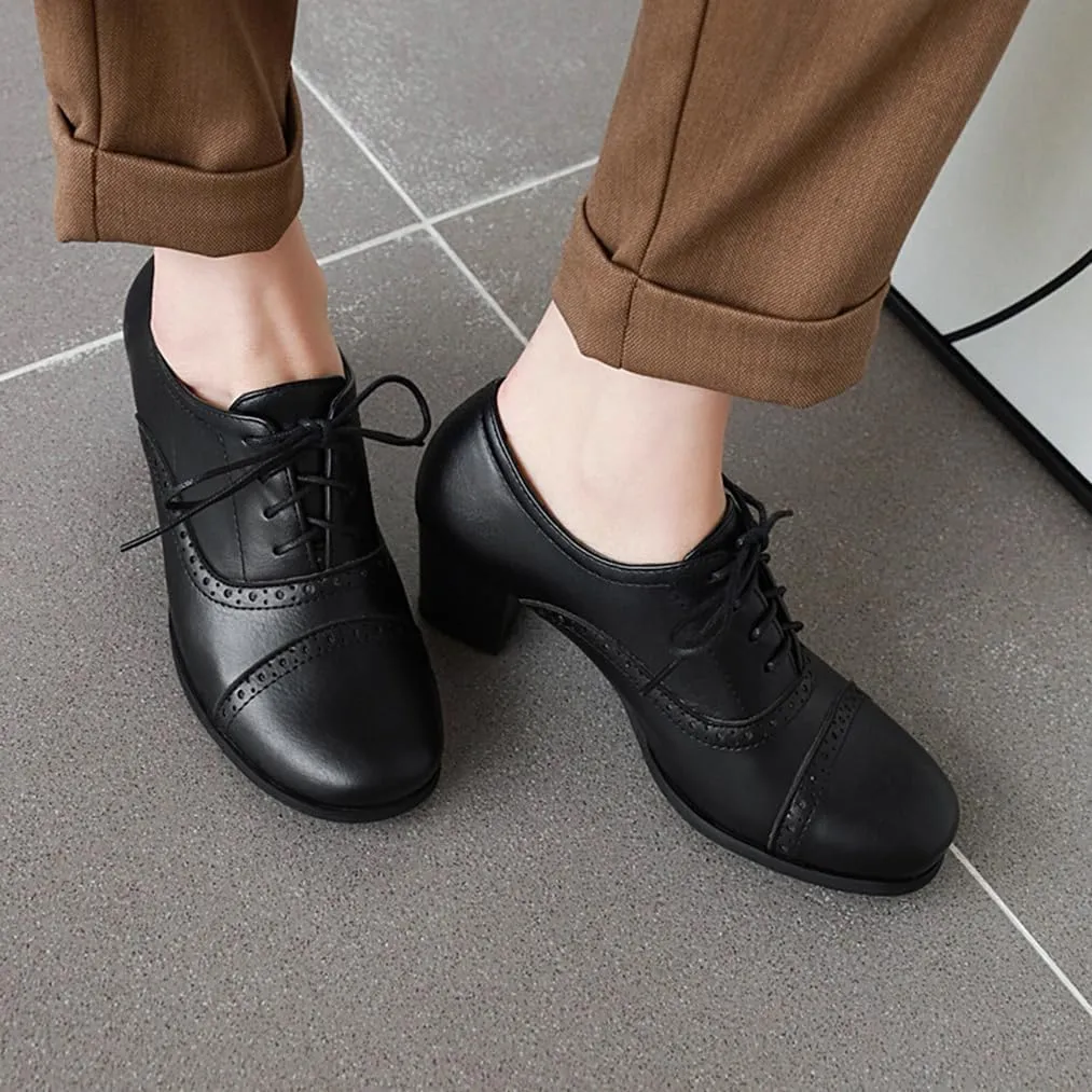 Women's Oxfords Wingtip Lace Up Chunky High Heels Pumps Square Closed Toe Vintage Brogue Dress Shoes