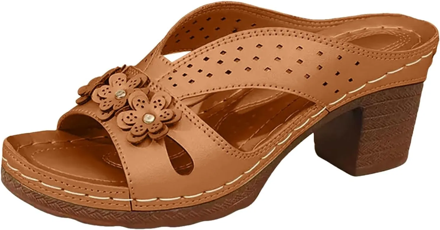 Women's Platform Chunky Heels Low Block Heeled Sandals Open Toe Slides Fashion Wedding Party Dress Sandals Casual Summer Mules Slip-on Shoes (a-Brown, 7)