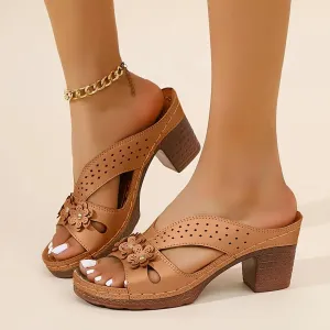 Women's Platform Chunky Heels Low Block Heeled Sandals Open Toe Slides Fashion Wedding Party Dress Sandals Casual Summer Mules Slip-on Shoes (a-Brown, 7)