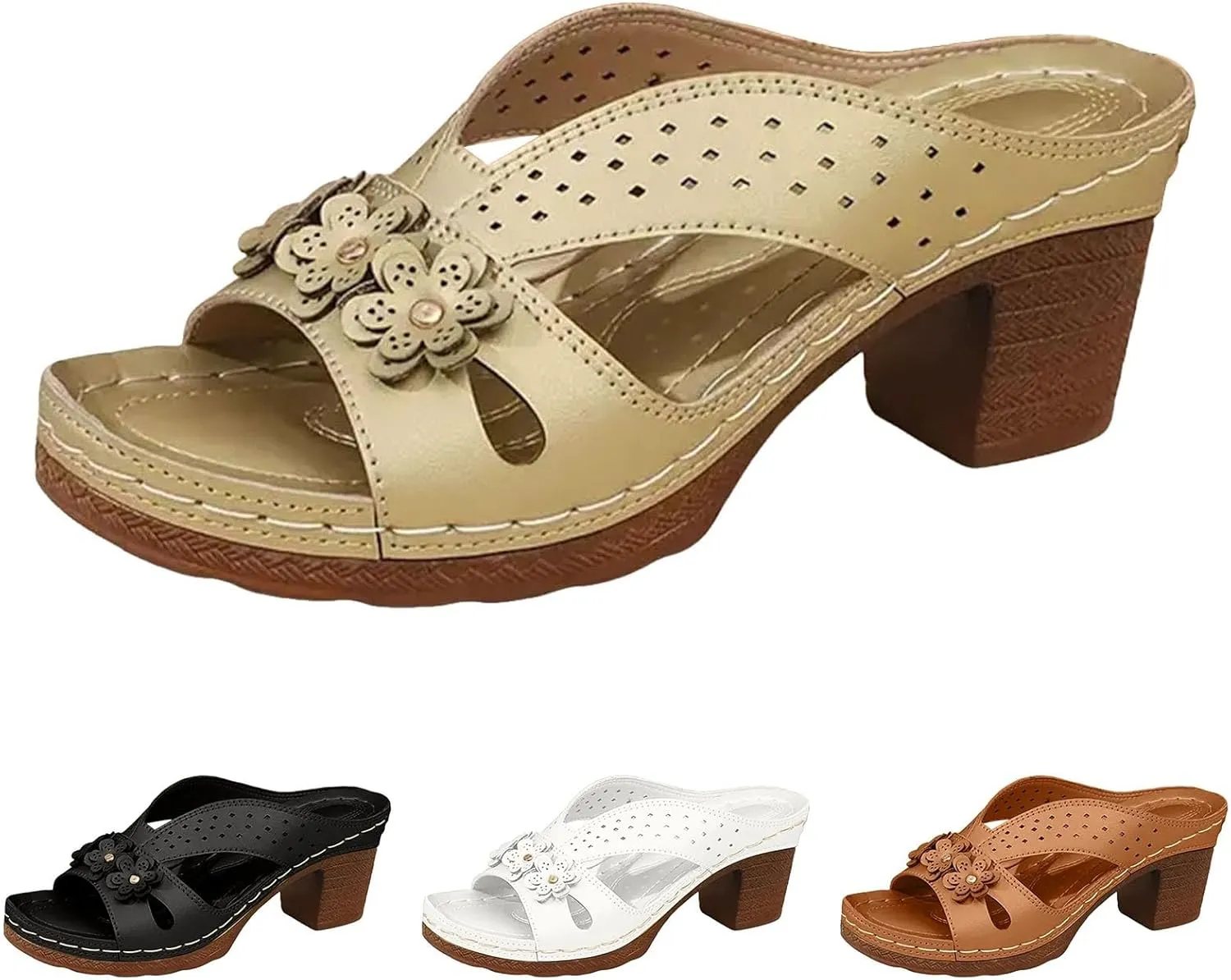 Women's Platform Chunky Heels Low Block Heeled Sandals Open Toe Slides Fashion Wedding Party Dress Sandals Casual Summer Mules Slip-on Shoes (a-Brown, 7)