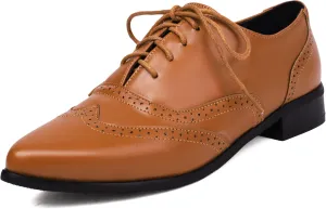 Women's Pointed Toe Oxford Flats Lace Up Brogue Comfort Wingtip Shoes Vintage Dress Low Heel Closed Toe Pumps