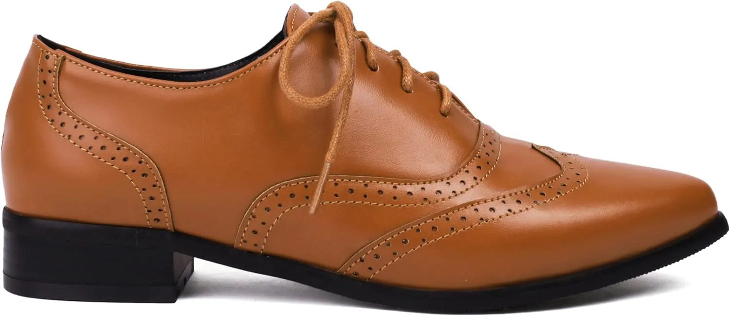 Women's Pointed Toe Oxford Flats Lace Up Brogue Comfort Wingtip Shoes Vintage Dress Low Heel Closed Toe Pumps