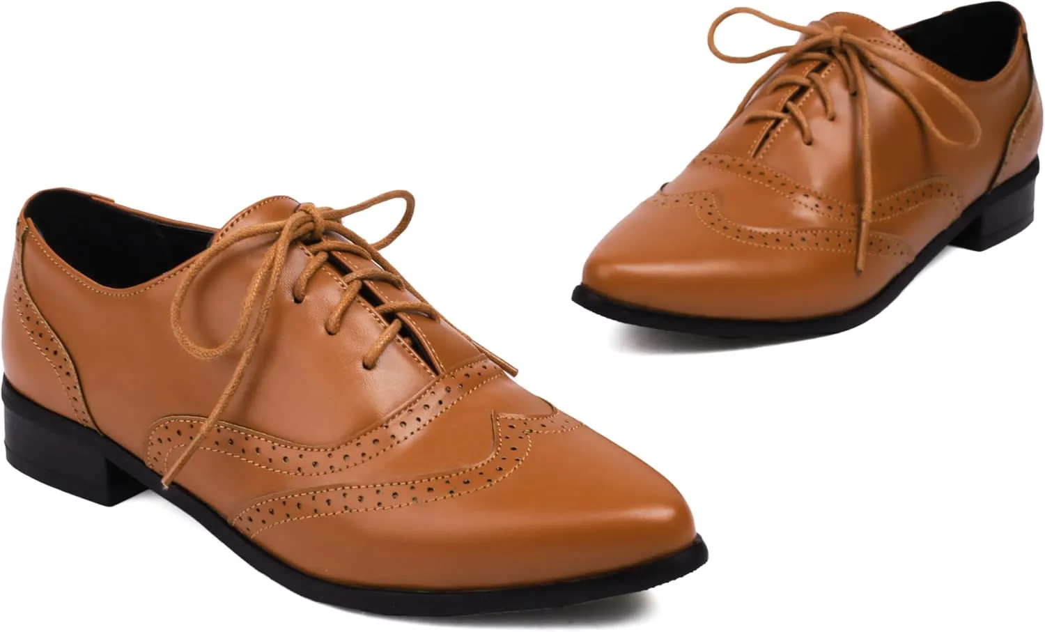 Women's Pointed Toe Oxford Flats Lace Up Brogue Comfort Wingtip Shoes Vintage Dress Low Heel Closed Toe Pumps