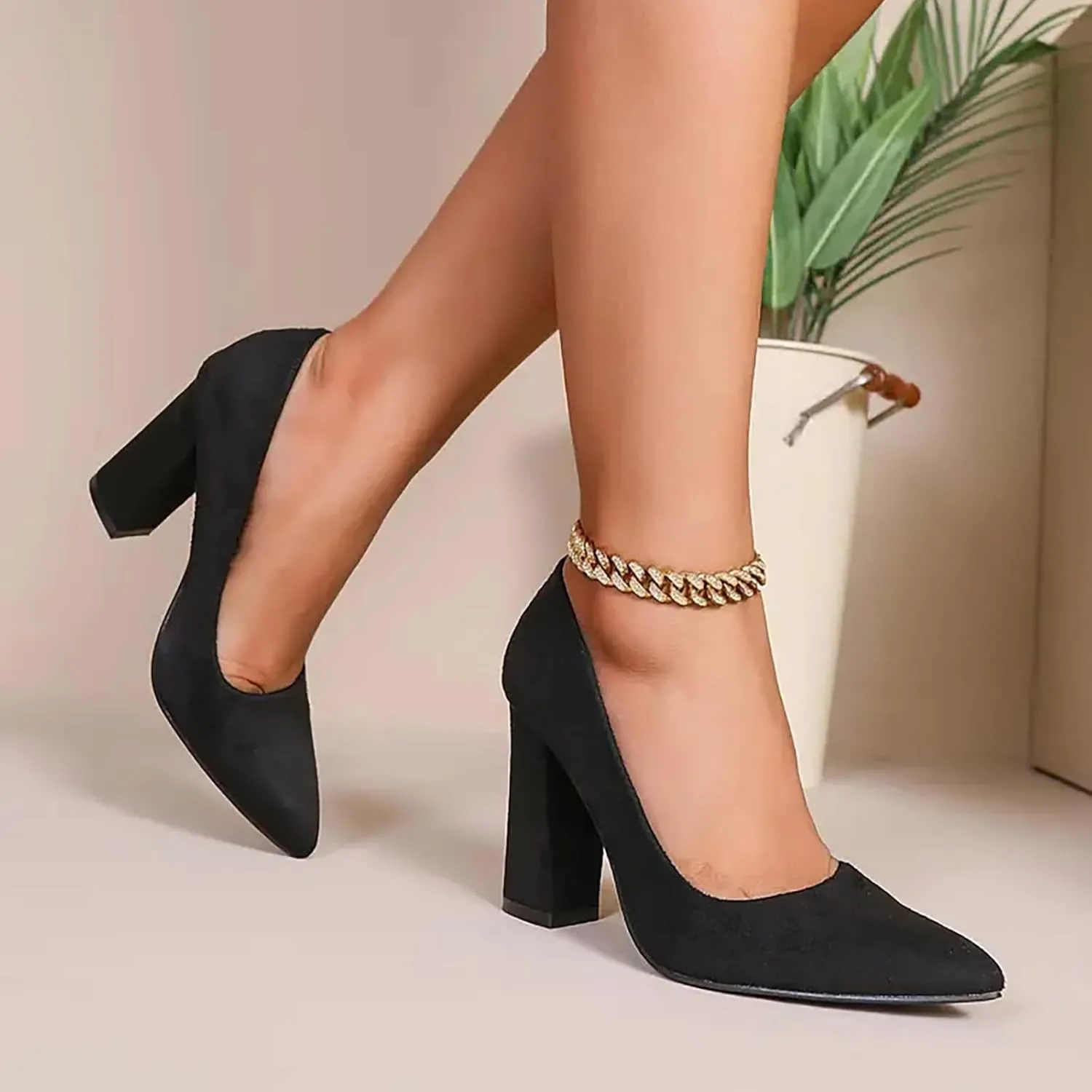 Women's Pumps Chunky Dress Shoes Pointed Toe Suede Loafer High Heels Work Loafers Basic Closed Toe Heels