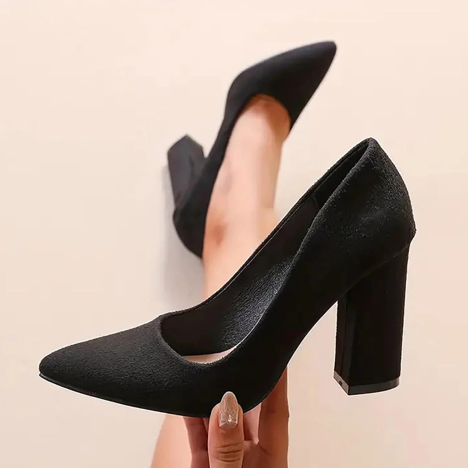 Women's Pumps Chunky Dress Shoes Pointed Toe Suede Loafer High Heels Work Loafers Basic Closed Toe Heels